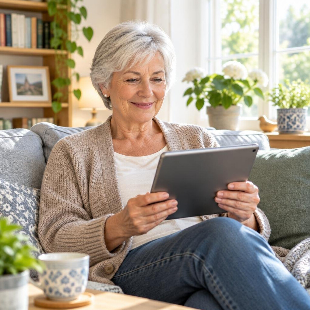Smiling senior woman using a tablet at home on a sofa